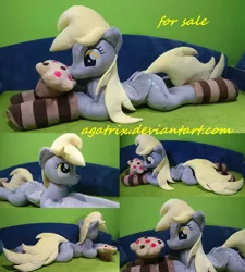 Size: 1024x1138 | Tagged: safe, artist:agatrix, derpibooru import, derpy hooves, pegasus, pony, clothes, female, food, irl, life size, mare, muffin, photo, plushie, prone, socks, solo, striped socks