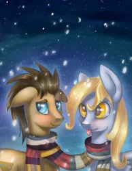 Size: 1400x1800 | Tagged: safe, artist:salicsa, derpibooru import, derpy hooves, doctor whooves, time turner, pony, blushing, clothes, doctorderpy, floppy ears, male, scarf, shared clothing, shared scarf, shipping, smiling, snow, snowfall, stallion, straight, tongue out