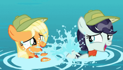 Size: 1050x600 | Tagged: safe, derpibooru import, screencap, applejack, coloratura, earth pony, pony, the mane attraction, animated, camp friendship, clothes, cute, female, filly, freckles, hat, hoofy-kicks, jackabetes, looking at each other, open mouth, playing, rara, rarabetes, scout uniform, smiling, water, weapons-grade cute
