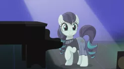 Size: 849x476 | Tagged: clothes, coloratura, cute, derpibooru import, lena hall, piano, rara, rarabetes, safe, screencap, skirt, smiling, solo, stage, the magic inside, the mane attraction, veil