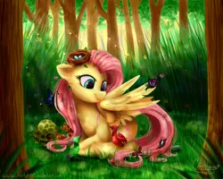 Size: 1000x800 | Tagged: safe, artist:frostykat13, derpibooru import, fluttershy, bird, butterfly, pegasus, pony, squirrel, tortoise, animal, crepuscular rays, critters, forest, nest, prone, solo