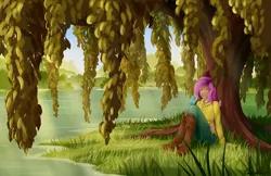 Size: 5100x3300 | Tagged: absurd resolution, artist:grennadder, bird, boots, butterfly, clothes, derpibooru import, eyes closed, fluttershy, grass, hoodie, human, humanized, lake, safe, sitting, smiling, solo, tree, under the tree, water, weeping willow