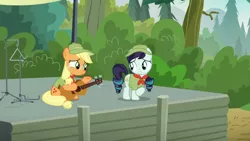 Size: 1280x720 | Tagged: applejack, camp friendship, coloratura, cute, derpibooru import, filly applejack, guitar, rara, safe, scout uniform, screencap, stage, the mane attraction, triangle, weapons-grade cute