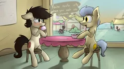 Size: 3000x1687 | Tagged: semi-grimdark, artist:marsminer, derpibooru import, oc, oc:keith, oc:nice rapist, oc:uplifting smiles, unofficial characters only, pony, blushing, chair, dialogue, floppy ears, food, ice cream, implied rape, looking at each other, open mouth, sitting, smiling, speech bubble, table, uncomfortable