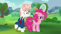 Size: 1279x719 | Tagged: safe, derpibooru import, screencap, pinkie pie, svengallop, earth pony, pony, the mane attraction, apple tree, bullying, clothes, duo, female, food, glare, gritted teeth, male, mare, messy mane, necktie, plate, sad, stallion, suit, tree, wheat