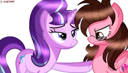 Size: 1024x585 | Tagged: annoyed, artist:j-aspidot, derpibooru import, glasses, oc, oc:sparkle bliss, safe, starlight glimmer, touch