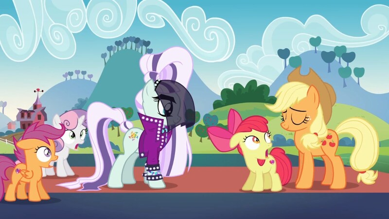 Size: 1920x1080 | Tagged: apple bloom, applejack, coloratura, countess coloratura, cutie mark crusaders, derpibooru import, jaw drop, safe, scootaloo, screencap, shocked, sweetie belle, the mane attraction, veil