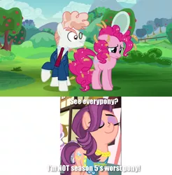 Size: 1279x1302 | Tagged: crusaders of the lost mark, derpibooru import, diamond tiara, discovery family logo, drama, image macro, lies, meme, pinkie pie, safe, screencap, smiling, spoiled rich, spoiled rich drama, svengallop, the mane attraction, worst pony