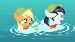 Size: 1920x1080 | Tagged: safe, derpibooru import, screencap, applejack, coloratura, earth pony, pony, the mane attraction, animated, camp friendship, cute, female, filly, jackabetes, looking at each other, open mouth, rara, rarabetes, scout uniform, splashing