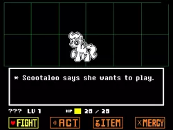 Size: 640x480 | Tagged: safe, artist:fillerartist, derpibooru import, edit, scootaloo, crossover, pixel art, playful, solo, style emulation, undertale, video game