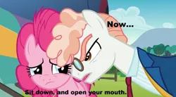 Size: 1430x791 | Tagged: semi-grimdark, suggestive, derpibooru import, edit, edited screencap, screencap, pinkie pie, svengallop, earth pony, pony, the mane attraction, caption, female, imminent blowjob, imminent rape, implied blowjob, implied oral, implied rape, implied sex, male, mare, out of context, scared, scowl, stallion