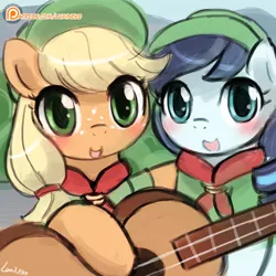Size: 750x750 | Tagged: safe, artist:lumineko, derpibooru import, applejack, coloratura, earth pony, pony, the mane attraction, blushing, camp friendship, clothes, cute, duo, female, filly, freckles, guitar, hnnng, jackabetes, looking at you, lumineko is trying to murder us, open mouth, patreon, patreon logo, rara, rarabetes, smiling, that was fast, weapons-grade cute, younger