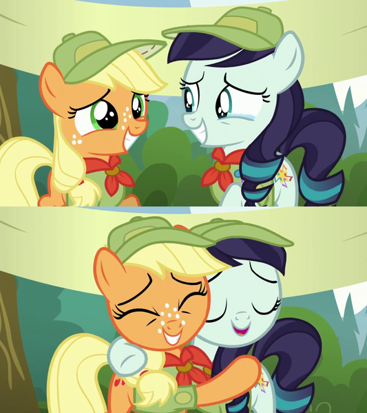 Size: 1280x1440 | Tagged: safe, derpibooru import, screencap, applejack, coloratura, earth pony, pony, the mane attraction, camp friendship, crying, cute, eyes closed, female, filly applejack, hug, jackabetes, looking at you, open mouth, rara, rarabetes, smiling, stage, tears of joy