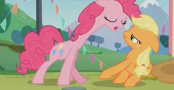 Size: 1856x961 | Tagged: animation error, applejack, derpibooru import, discovery family logo, fifth leg, great moments in animation, long neck, pinkie pie, safe, screencap, the mane attraction
