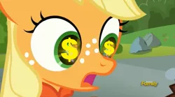 Size: 1671x932 | Tagged: safe, derpibooru import, edit, edited screencap, screencap, applejack, the mane attraction, discovery family logo, dollar sign, dollar sign eyes, female, filly, filly applejack, foal, solo, wingding eyes, younger