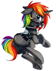 Size: 809x1034 | Tagged: suggestive, artist:pepooni, derpibooru import, oc, oc:krylone, unofficial characters only, pony, unicorn, blue eyes, bridle, britchen, grin, harness, rainbow hair, saddle, simple background, straps, transparent background, underhoof