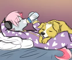 Size: 600x503 | Tagged: adult foal, artist:jitterbugjive, bed, bottle, derpibooru import, dog, footed sleeper, headphones, oc, oc:smudge, safe, unofficial characters only