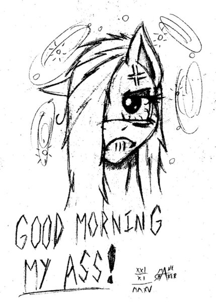 Size: 756x1057 | Tagged: angry, artist:mane-shaker, bad morning, derpibooru import, grump, grumpy, monochrome, pinkamena diane pie, pinkie pie, safe, solo, traditional art