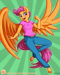 Size: 914x1137 | Tagged: anthro, artist:sorcerushorserus, clothes, commission, derpibooru import, happy, jeans, midriff, open mouth, pants, patreon, patreon logo, pegasus, safe, scootaloo, shirt, smiling, solo, sunburst background, the dashies, unguligrade anthro