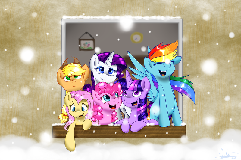 Size: 1024x683 | Tagged: safe, artist:violyre, derpibooru import, applejack, fluttershy, pinkie pie, rainbow dash, rarity, twilight sparkle, twilight sparkle (alicorn), alicorn, pony, female, mane six, mare, smiling, snow, snowfall, window