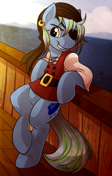 Size: 818x1280 | Tagged: safe, artist:sugaryviolet, derpibooru import, oc, oc:sound check, unofficial characters only, pony, bipedal, clothes, eyepatch, pirate, pirate costume, solo