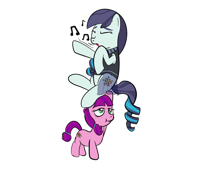 Size: 1168x1000 | Tagged: safe, artist:mightyshockwave, derpibooru import, coloratura, lily longsocks, earth pony, pony, the mane attraction, :t, background pony, clothes, dress, eyes closed, female, filly, lifting, mare, music notes, open mouth, parody, rara, singing, smiling, strong