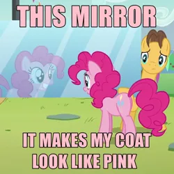 Size: 720x720 | Tagged: captain obvious, caption, caramel, cropped, derpibooru import, image macro, meme, mirror, pink, pinkie pie, pink text, reflection, safe, screencap, text, the mane attraction