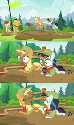 Size: 1280x2156 | Tagged: applejack, camp friendship, coloratura, cute, derpibooru import, dirty, eyes closed, filly applejack, gritted teeth, happy, mouth hold, mud, open mouth, pulling, rara, safe, scout uniform, screencap, smiling, the mane attraction, tug of war, wide eyes