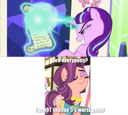 Size: 1279x1152 | Tagged: crusaders of the lost mark, derpibooru import, diamond tiara, image macro, lies, meme, meta, safe, screencap, spoiled rich, spoiled rich drama, starlight glimmer, starlight glimmer is worst pony, the cutie re-mark, worst pony