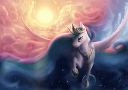 Size: 2630x1860 | Tagged: artist:bluespaceling, cloud, derpibooru import, flying, looking at you, moon, princess celestia, safe, solo, spread wings, stars, sun