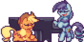 Size: 352x176 | Tagged: safe, artist:mrponiator, derpibooru import, applejack, coloratura, earth pony, pony, the mane attraction, animated, cute, eyes closed, female, friendshipping, hat, jackabetes, mare, open mouth, piano, pixel art, rara, rarabetes, season 5 pixel art, simple background, smiling, that was fast, transparent background
