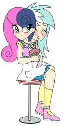 Size: 448x888 | Tagged: safe, artist:unoriginai, derpibooru import, bon bon, lyra heartstrings, sweetie drops, equestria girls, blushing, conjoined, conjoined twins, eyes closed, female, food, fusion, humanized, lesbian, lyrabon, lyrabon (fusion), milkshake, multiple heads, shipping, simple background, two heads, we have become one, white background