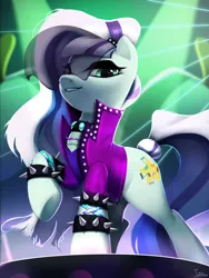 Size: 2500x3333 | Tagged: safe, artist:imalou, derpibooru import, coloratura, earth pony, pony, the mane attraction, bracelet, countess coloratura, female, grin, jewelry, laser, looking at you, mare, raised hoof, solo, spiked wristband, studded bracelet, that was fast, the spectacle, wristband
