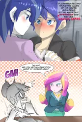 Size: 1600x2400 | Tagged: safe, artist:thegreatrouge, derpibooru import, flash sentry, princess cadance, sci-twi, shining armor, twilight sparkle, fanfic, equestria girls, friendship games, alumnus shining armor, blushing, breasts, busty princess cadance, caught, comic, dean cadance, dialogue, embarrassed, female, fujoshi, gay, holding hands, male, open mouth, screaming, shiningsentry, shipper on deck, shipping, speech bubble, talking, tongue out, yaoi fangirl