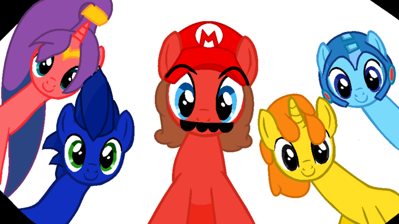 Size: 1000x562 | Tagged: safe, derpibooru import, ponified, earth pony, genie, pony, unicorn, barely pony related, base used, crossover, looking at you, mario, megaman, nintendo, pac-man, sega, shantae, shantae (character), smiling, sonic the hedgehog, sonic the hedgehog (series), super mario bros.