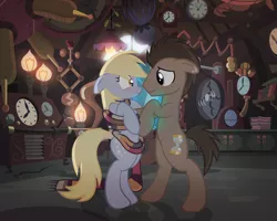 Size: 1600x1280 | Tagged: safe, alternate version, artist:radiantrealm, derpibooru import, derpy hooves, doctor whooves, time turner, pony, accessory swap, blushing, clothes, cute, derpabetes, doctorbetes, doctorderpy, floppy ears, male, scarf, shipping, show accurate, stallion, straight