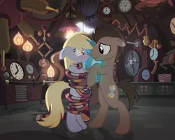 Size: 1600x1280 | Tagged: safe, alternate version, artist:radiantrealm, derpibooru import, derpy hooves, doctor whooves, time turner, earth pony, pegasus, pony, slice of life (episode), accessory swap, adorasexy, blushing, bondage, clothes, cute, cute bondage, doctor whooves' lab, doctorderpy, female, floppy ears, fourth doctor's scarf, happy bondage, male, maledom, mare, now kiss, romance, scarf, sexy, shipping, show accurate, smiling, stallion, straight, tardis, wrapped up