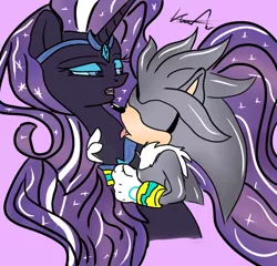 Size: 598x573 | Tagged: safe, artist:kaiamurosesei, derpibooru import, nightmare rarity, bedroom eyes, crossover, crossover shipping, eyes closed, licking, open mouth, shipping, silvarity, silver the hedgehog, sonic the hedgehog (series), tongue out