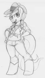 Size: 859x1471 | Tagged: anthro, apple family member, artist:collaredginger, boots, candy apples, clothes, derpibooru import, hat, jeans, monochrome, pants, safe