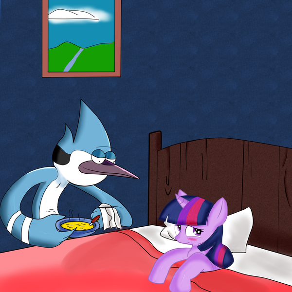 Size: 3000x3000 | Tagged: artist:kaiamurosesei, bed, crossover, crossover shipping, derpibooru import, mordecai, mordetwi, regular show, safe, shipping, twilight sparkle