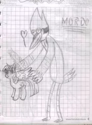 Size: 1235x1686 | Tagged: safe, artist:kaiamurosesei, derpibooru import, twilight sparkle, twilight sparkle (alicorn), alicorn, pony, crossover, crossover shipping, female, graph paper, mare, monochrome, mordecai, mordetwi, regular show, shipping, traditional art