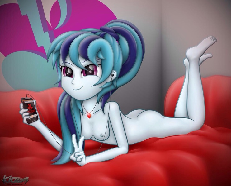 Size: 1266x1024 | Tagged: source needed, useless source url, questionable, artist:kiowa213, derpibooru import, edit, sonata dusk, equestria girls, artistic nudity, barefoot, breasts, casual nudity, cleavage, earbuds, feet, female, listening, music, necklace, nipples, nude edit, nudity, peace sign, pendant, phone, ponytail, practitioner of naturism, signature, smartphone, smiling, solo, solo female, sonatabetes, when she smiles