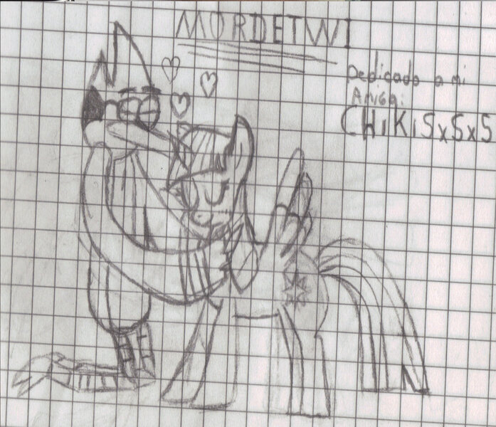 Size: 1024x882 | Tagged: safe, artist:kaiamurosesei, derpibooru import, twilight sparkle, twilight sparkle (alicorn), alicorn, pony, crossover, female, graph paper, mare, monochrome, mordecai, mordetwi, regular show, shipping, traditional art