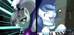 Size: 1920x912 | Tagged: 2015, applejack, artist:jinyaranda, clothes, coloratura, countess coloratura, crying, derpibooru import, eyes closed, laser, lights, liquid pride, necktie, one eye closed, piano, rara, safe, signature, singing, solo, split screen, spotlight, svengallop, tears of joy, teary eyes, that was fast, the magic inside, the mane attraction, the spectacle