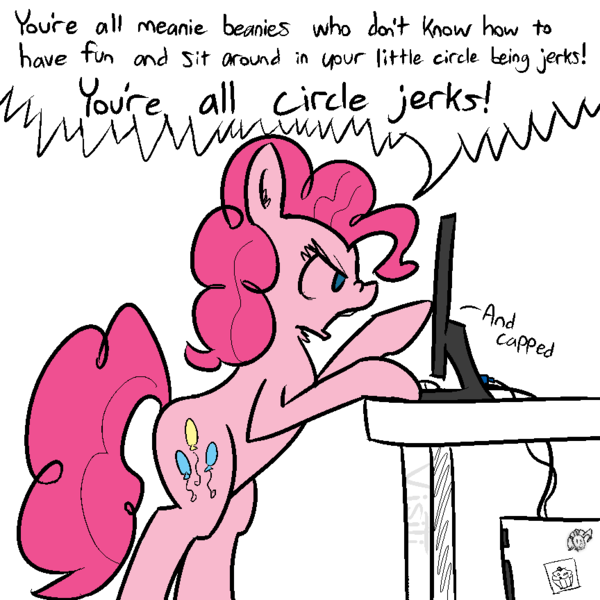 Size: 864x864 | Tagged: safe, artist:visiti, derpibooru import, pinkie pie, pony, /mlp/, 4chan, bipedal, computer, desk, monitor, rage, slice of life, solo, yelling