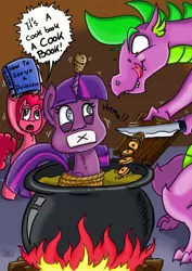 Size: 1024x1448 | Tagged: safe, artist:dinodraketakethecake, derpibooru import, pinkie pie, spike, twilight sparkle, twilight sparkle (alicorn), alicorn, dragon, pony, cauldron, cookbook, cooked alive, cooking, cooking pot, cork, dialogue, female, fire, food, gag, horn guard, hungry, imminent vore, implied cannibalism, implied vore, knife, licking, licking lips, magic suppression, male, mare, older, older spike, peril, pony as food, tape gag, the twilight zone, this will end in tears and/or breakfast, tied up, to serve man, tongue out