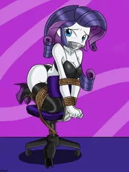 Size: 2304x3072 | Tagged: suggestive, artist:gaggeddude32, artist:iron-neko, derpibooru import, rarity, equestria girls, 2015, ass, backbend, beautiful, beautisexy, black underwear, bondage, bondage furniture, bra, breasts, chair, cleavage, clothes, colored, damsel in distress, digital art, female, gag, helpless, high heels, jackpot, knee tied, panties, pony coloring, rearity, sexy, signature, solo, solo female, tape gag, thong, tied hands, tied to chair, tied up, underwear