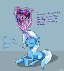 Size: 1800x2000 | Tagged: safe, artist:novaspark, derpibooru import, trixie, twilight sparkle, twilight sparkle (alicorn), alicorn, pony, blatant lies, dialogue, ear fluff, eyes closed, female, fetish, fluffy, for science, horn vore, magic, mare, open mouth, preylight, prone, simple background, smiling, this will end in death, this will end in tears, this will end in tears and/or death, trixie predamoon, vore, wat, willing vore