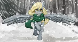 Size: 1024x556 | Tagged: safe, artist:kira-minami, derpibooru import, derpy hooves, pegasus, pony, clothes, cropped, female, happy, lamppost, mare, scarf, snow, snowfall, solo, spread wings, tongue out, tree, winter