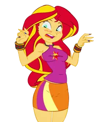 Size: 853x1024 | Tagged: safe, artist:ponut_joe, artist:ravecrocker, derpibooru import, sunset shimmer, equestria girls, armpits, blushing, clothes, female, nail polish, open mouth, simple background, skirt, solo, surprised, white background